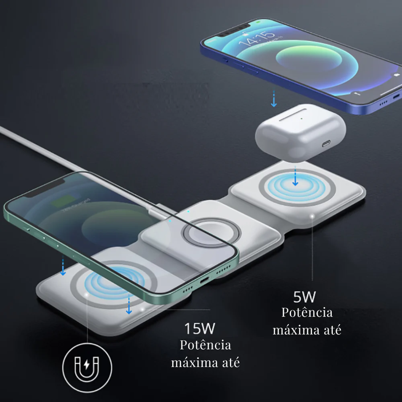 Carregador sem Fio 3 em 1 por Indução Dobrável